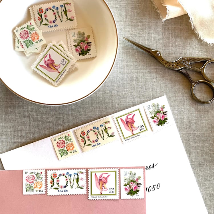 "Pink Floral Love Postage Set | Wedding Stamps | Each Set Will Mail a 1 oz Letter | 10 Sets (40 Stamps Total)" - Postage Stamps in pink by Heritage Post House