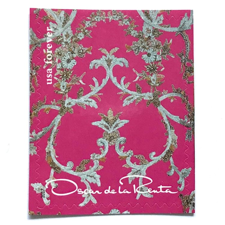 "Oscar de la Renta Pink Fabric Postage Stamps | Metallic Floral Design | ODLR | Fashion Designer | Wedding Stamps | Unused USPS Forever Stamp | Pack of 5" - Postage Stamps in pink by Heritage Post House