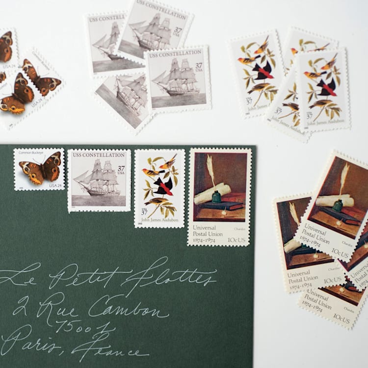 "Neutral and Brown Birds and Ships Postage Set // $1.08 // Set of 5 // 2 ounce envelope" - Postage Stamps in brown by Flourish Fine Writing