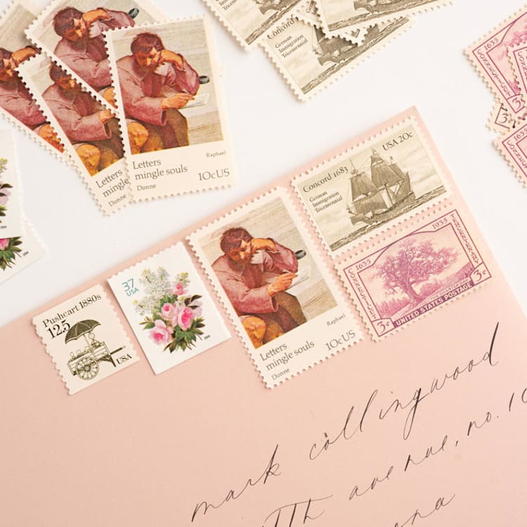 "Blush and Neutral Vintage Postage Set // Set of 5 // 82.5 Cents in postage" - Postage Stamps in pink by Flourish Fine Writing