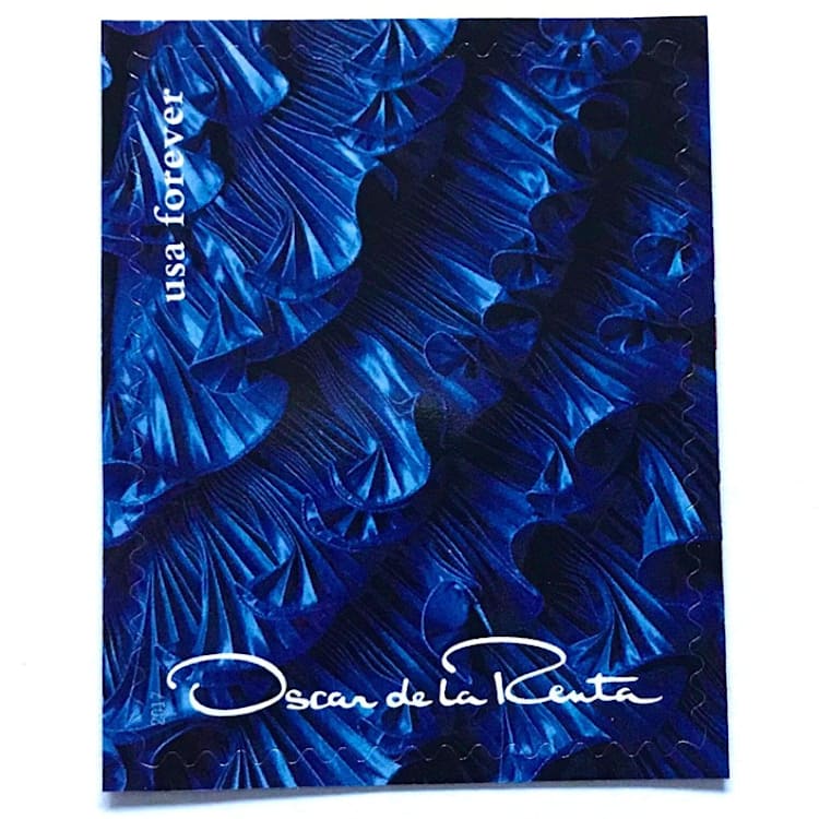 "Oscar de la Renta Blue Dress Ruffles Postage Stamps | ODLR | Fashion Designer | Wedding Stamps | Unused USPS Forever Stamp | Pack of 5" - Postage Stamps in blue by Heritage Post House