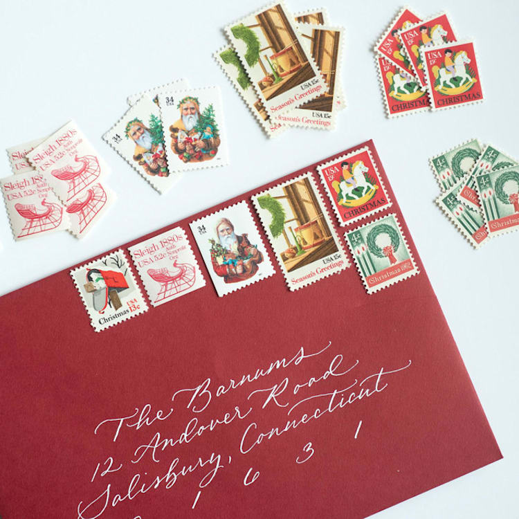 "A Vintage Christmas Postage Set // Set of 5 // $.86 per set" - Postage Stamps in red by Flourish Fine Writing