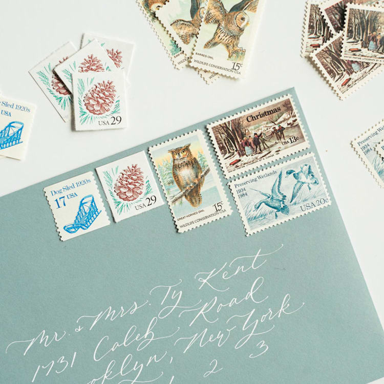 "Shades of Blue Vintage Holiday Postage Set- Nature themed // Set of 5" - Postage Stamps in blue by Flourish Fine Writing