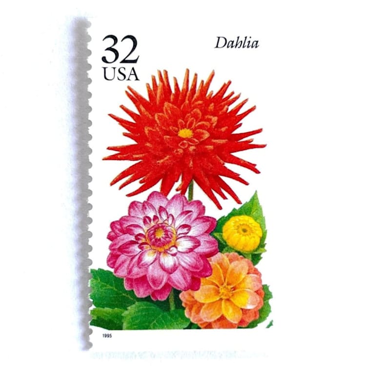 "Dahlia Postage Stamps | Fall Garden Flowers | Garden Flowers Series | Botanical | Wedding Stamps | Vintage Unused USPS Postage 32c | Pack of 10" - Postage Stamps in red by Heritage Post House