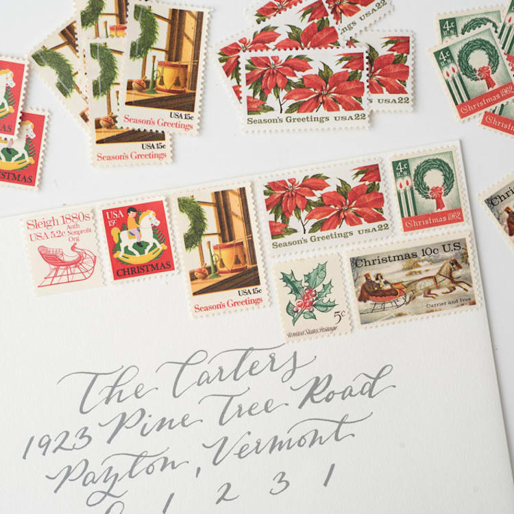 "Red & Green Christmas Vintage Postage Set // Set of 5 // UNUSED // Wreath & Sleighs" - Postage Stamps in red by Flourish Fine Writing