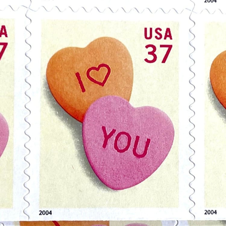 "Candy Hearts Postage Stamps | Love Series | Conversation Hearts | Sweetheart | Wedding Stamps | Valentine | Vintage Unused USPS Postage 37c | Pack of 10" - Postage Stamps in pink by Heritage Post House
