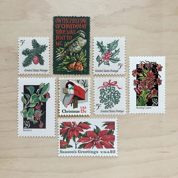 "77 cent . Christmas Foliage Vintage Postage Stamps . Set of 5" - Postage Stamps in green by Kristen Melchor
