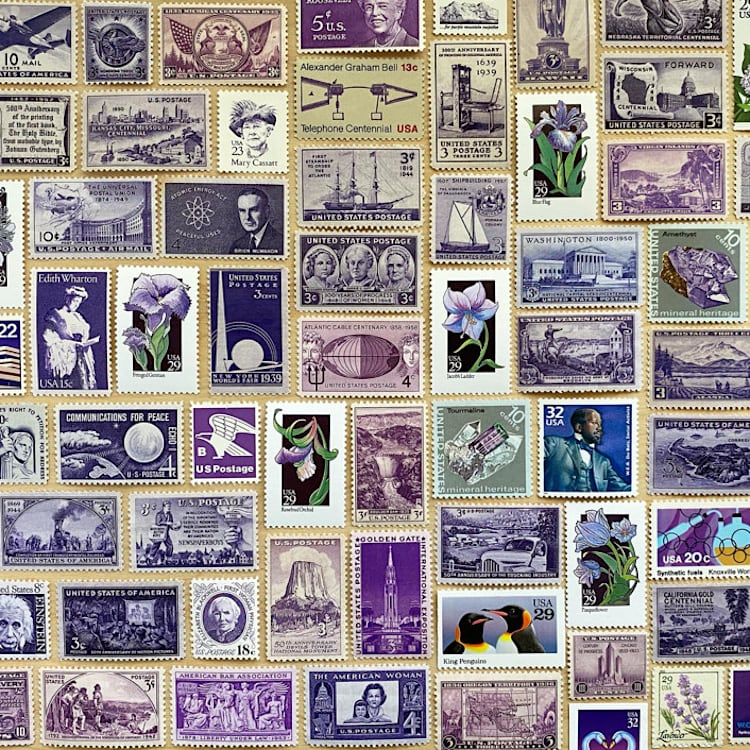 "82 cents . Purple Vintage Postage Stamp Variety Pack . Set of 5" - Postage Stamps in purple by Kristen Melchor