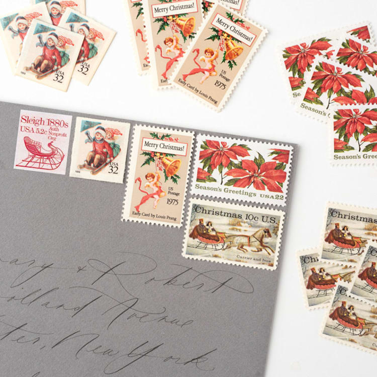 "Winter Sleigh Ride Vintage Postage Set // Set of 5 // UNUSED // Sled // Poinsettia" - Postage Stamps in red by Flourish Fine Writing