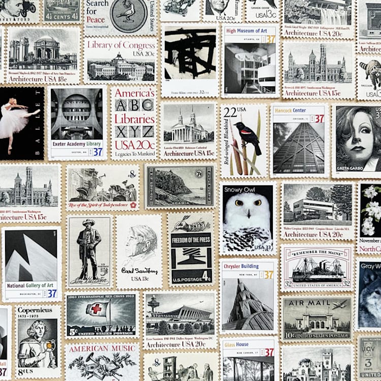 "82 cents . Black Vintage Postage Stamp Variety Pack . Set of 5" - Postage Stamps in black by Kristen Melchor