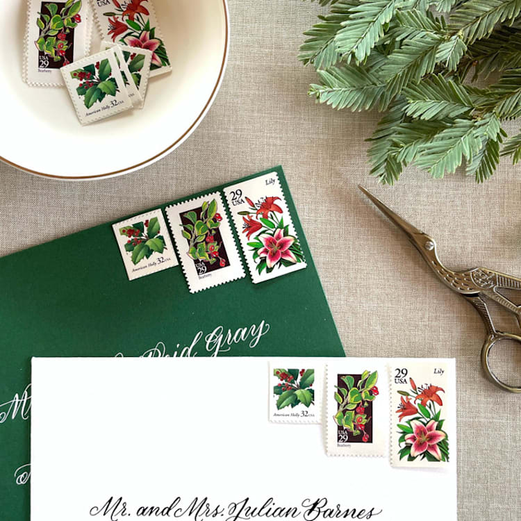 "Holiday Botanical Vintage Postage Set | Christmas Stamps | Each Set Will Mail a 1 oz Letter | 10 Sets (30 Stamps Total)" - Postage Stamps in multicolor by Heritage Post House
