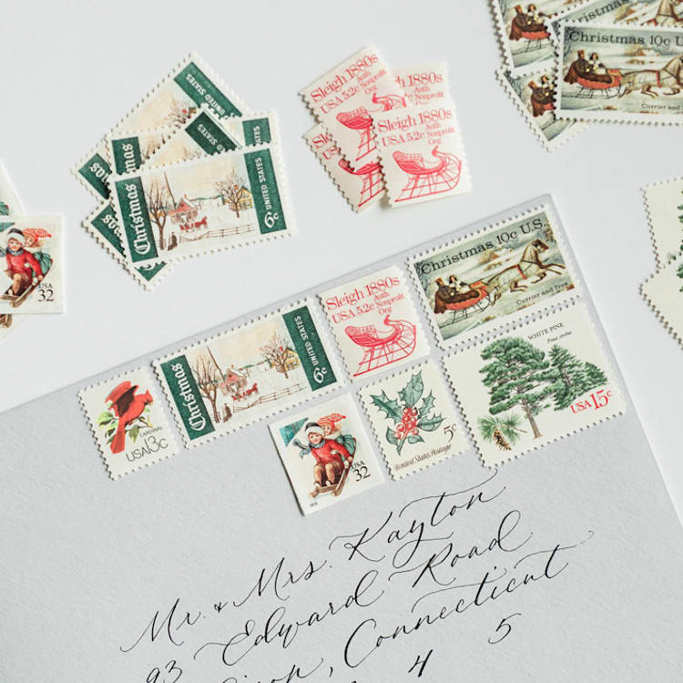 "A New England Christmas Postage Set // Set of 5 // $.86 per set" - Postage Stamps in gray by Flourish Fine Writing