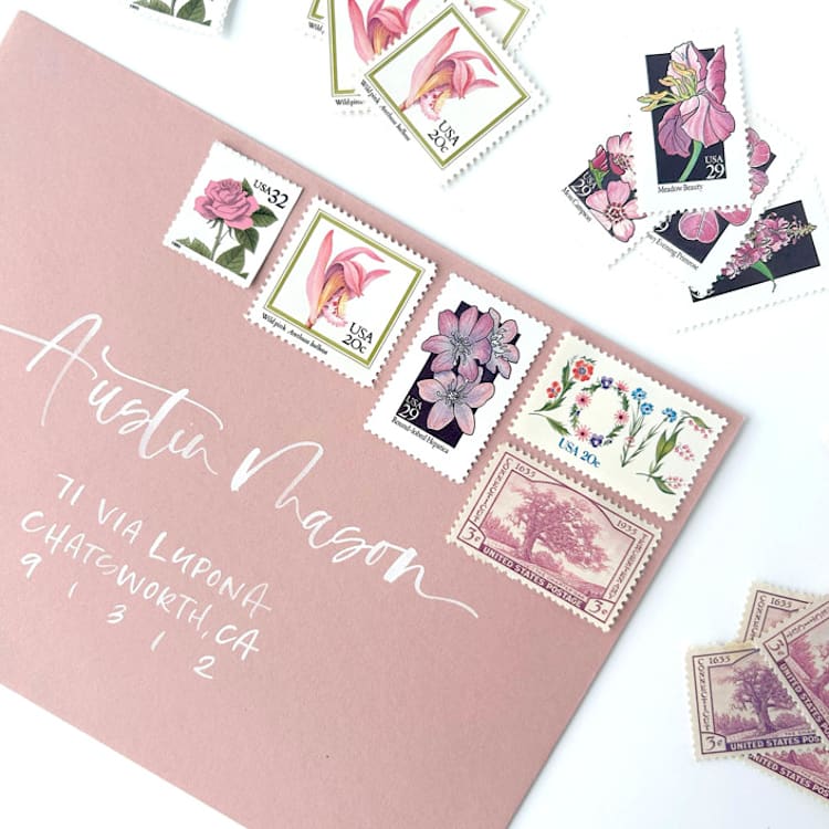 "Wildflower Meadow Postage Set // Set of 5 // $1.04 in postage per set" - Postage Stamps in pink by Flourish Fine Writing