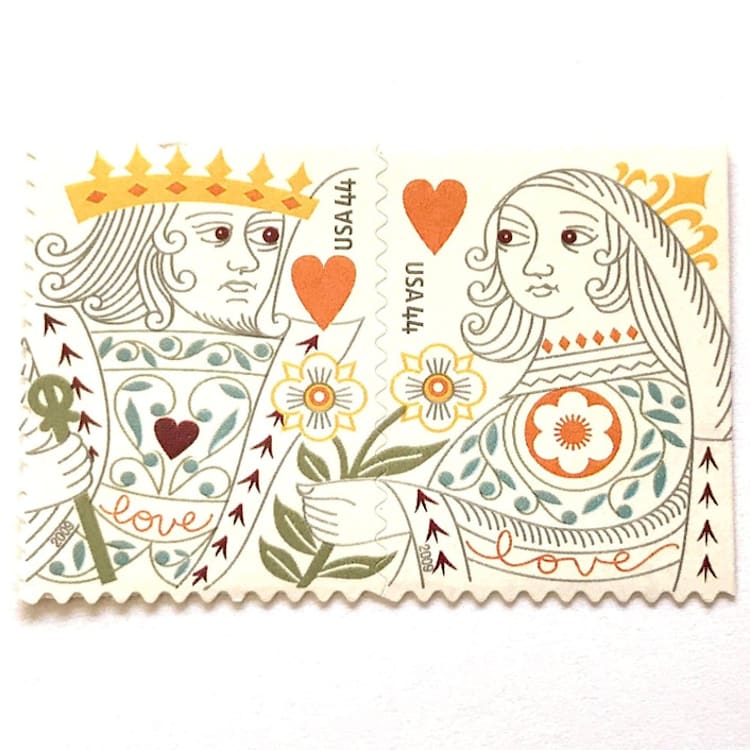 "King & Queen of Hearts Postage Stamps | Love Series | Playing Cards | Wedding Stamps | Valentine | Vintage Unused USPS Postage 44c ea/ 88c per set | Pack of 10 Individual 44c Stamps" - Postage Stamps in natural by Heritage Post House
