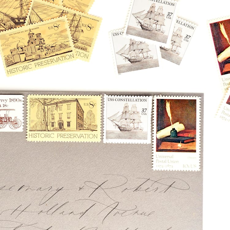 "Neutral & Nautical Vintage Postage Set // Set of 5 // 1 ounce // 73 Cents each" - Postage Stamps in beige by Flourish Fine Writing
