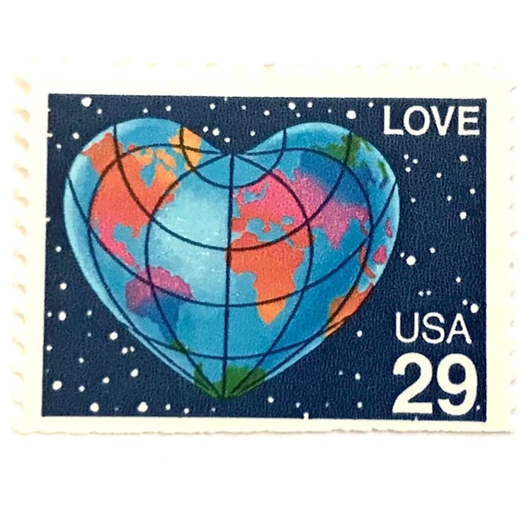 "Heart-Shaped Globe Postage Stamps | Love Series | Earth Heart | Wedding Stamps | Valentine | Vintage Unused USPS Postage 29c | Pack of 20" - Postage Stamps in blue by Heritage Post House