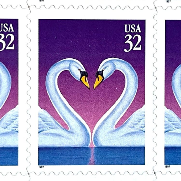 "Love Swans Postage Stamps | Love Series | Purple Background | Heart | Wedding Stamps | Valentine | Vintage Unused USPS Postage 32c | Pack of 10" - Postage Stamps in purple by Heritage Post House