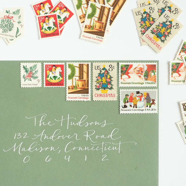 "Snow Days Holiday Postage Set // Set of 5 // UNUSED // Santa // Needlepoint" - Postage Stamps in red by Flourish Fine Writing