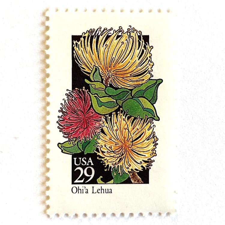 "Ohi'a Lehua Postage Stamps | American Wildflower Series | Yellow Red Flower | Hawaiian Botanical | Wedding Stamps | Vintage Unused USPS Postage 29c | Pack of 10" - Postage Stamps in yellow by Heritage Post House