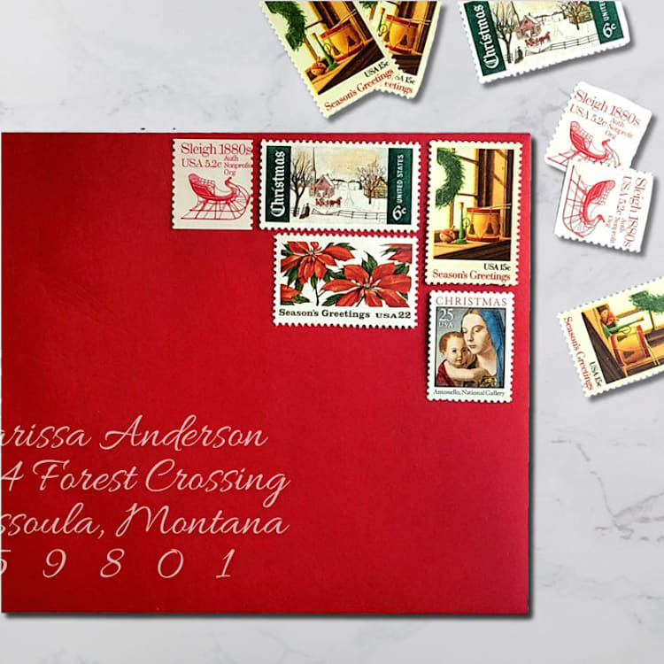 "Holiday Vintage Postage Set | Christmas Greetings | One Ounce | Set of 5" - Postage Stamps in red by The Silver Stamps