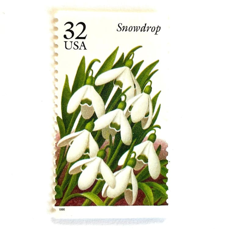 "Snowdrop Postage Stamps | Winter Garden Flowers Series | Botanical | Wedding Stamps | Vintage Unused USPS Postage 32c | Pack of 10" - Postage Stamps in white by Heritage Post House