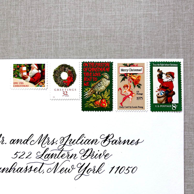 "Christmas Green Wreath Vintage Postage Sets | Each Set Will Mail a 1 oz Letter | 10 Sets (50 Stamps Total)" - Postage Stamps in green by Heritage Post House