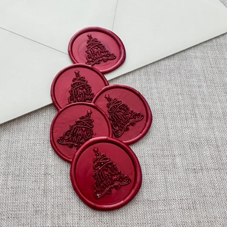 "Metallic Red "Merry Christmas" tree calligraphy wax seal sticker | Set of 10" - Wax Seals in red by Orchid Studio