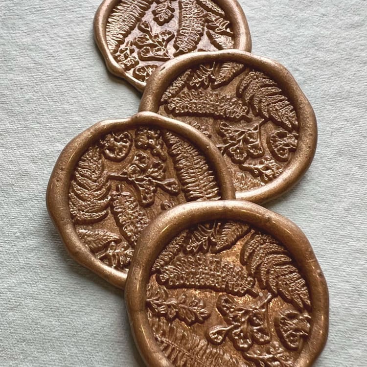 "Leafy Garnish Wax Seal Stamp in Antique Gold - Pack of 10" - Wax Seals in gold by Eva Tadros