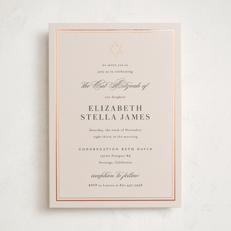 "Polished" - Mitzvah Invitations in Barely Blush by Jennifer Postorino - Front