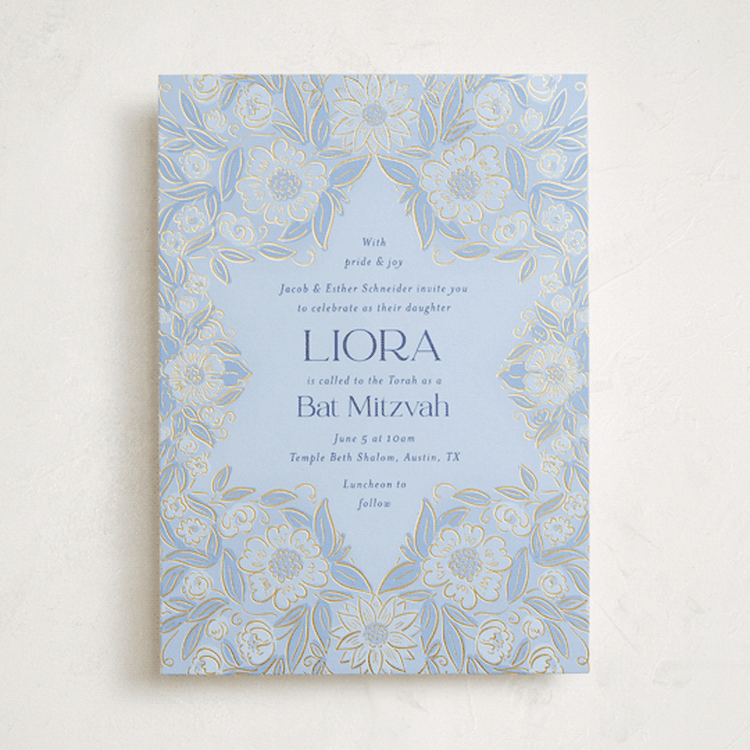 "Blooming Mitzvah" - Mitzvah Invitations in Sky by Simona Camp - Front