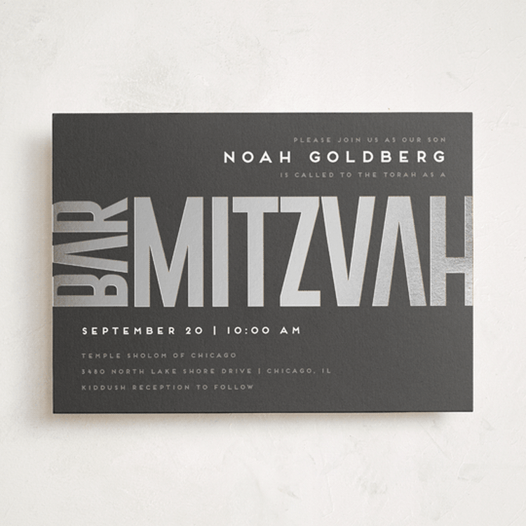 "Modern Foil Bar Mitzvah" - Mitzvah Invitations in Charcoal by Stacy Maalouf - Front