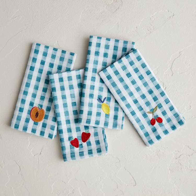 "Sweet Fruit Gingham" - Napkins in Sky by Multiple Artists - Napkins, Set of 4