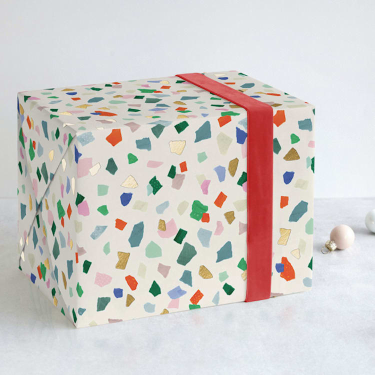 "Torn Paper Terrazzo" - Wrapping Paper in Jelly Bean by Nadia Hassan - Front