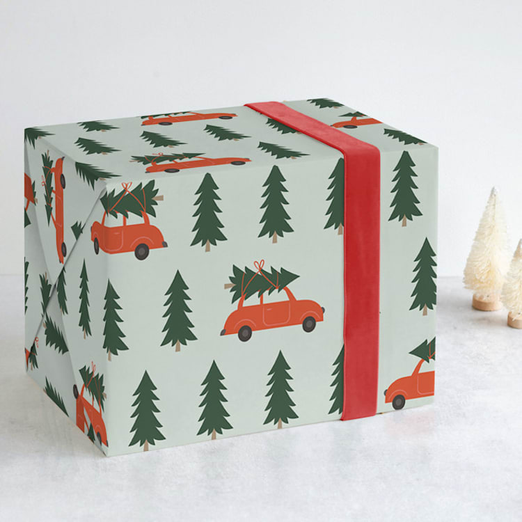 "Tree Lot" - Wrapping Paper in Red by Joyce Pinheiro - Front