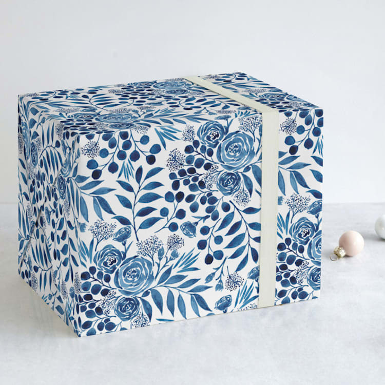"Blue Floral Boquest" - Wrapping Paper in Snow by Yaling Hou Suzuki - Front