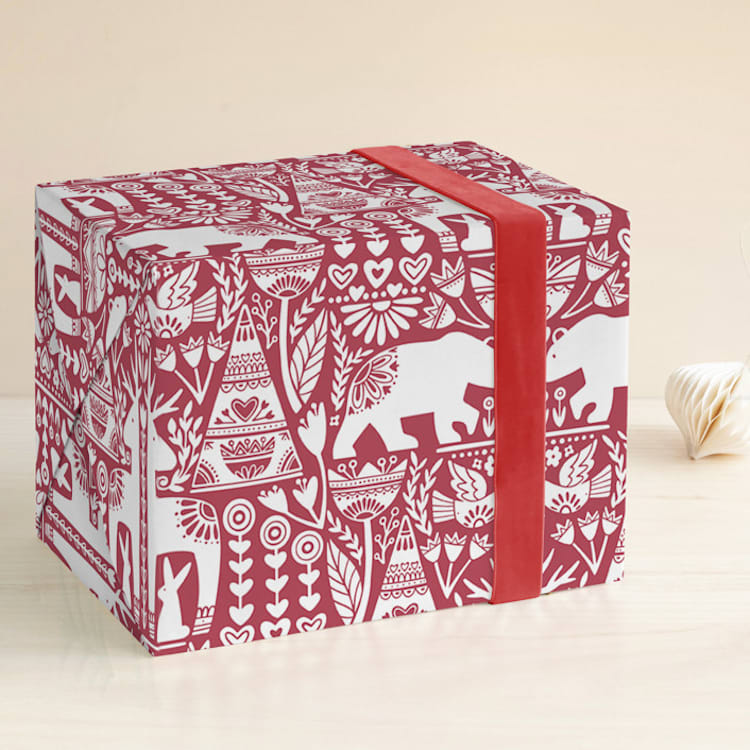 "Scandi Fauna" - Wrapping Paper in Holly Berry by Jessie Steury - Front