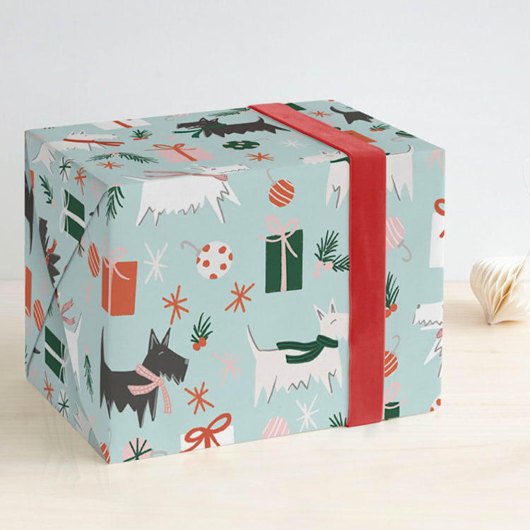 "Scotties In Scarves" - Wrapping Paper in Frost by Lissabeth Anglin - Front
