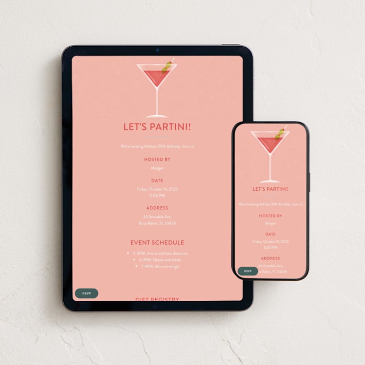 "Partini" - Online Birthday Invitations in Carnation by Megan Cash - Mobile + desktop layout
