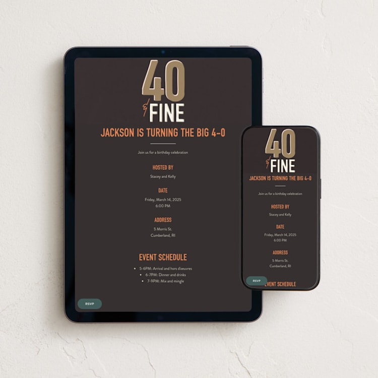 "Forty-fine" - Online Birthday Invitations in Gravel by Robin Ott - Mobile + desktop layout