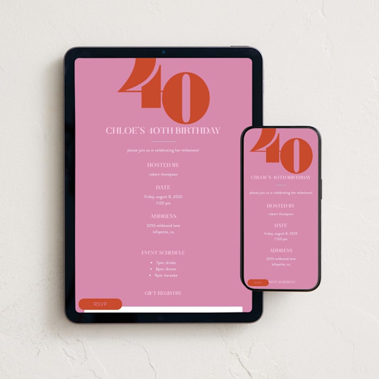 "Bold 40" - Online Birthday Invitations in Raspberry by Morgan Kendall - Mobile + desktop layout