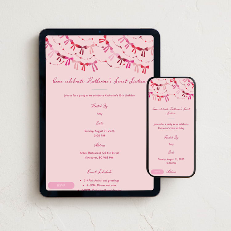 "bow party" - Online Birthday Invitations in Azalea by Vivian Yiwing - Mobile + desktop layout