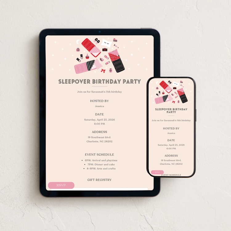 "Sleepover party" - Online Birthday Invitations in Cherry by Ester Bernaldo de Quiros - Mobile + desktop layout