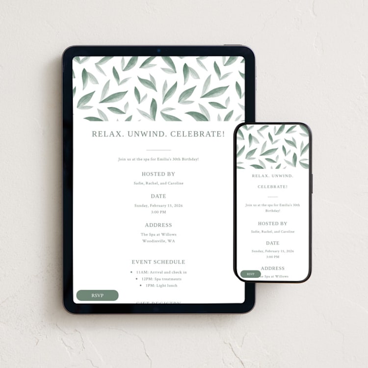 "Relax & Unwind" - Online Birthday Invitations in Eucalyptus by Carolyn Kach - Mobile + desktop layout
