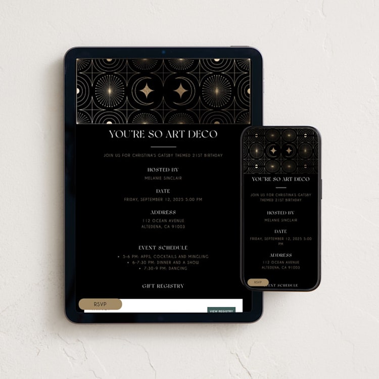 "You're so Art Deco" - Online Birthday Invitations in Midnight by Zani van Zyl - Mobile + desktop layout