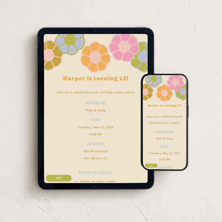 "Retro Floral" - Online Birthday Invitations in Creamsicle by Annie Montgomery - Mobile + desktop layout
