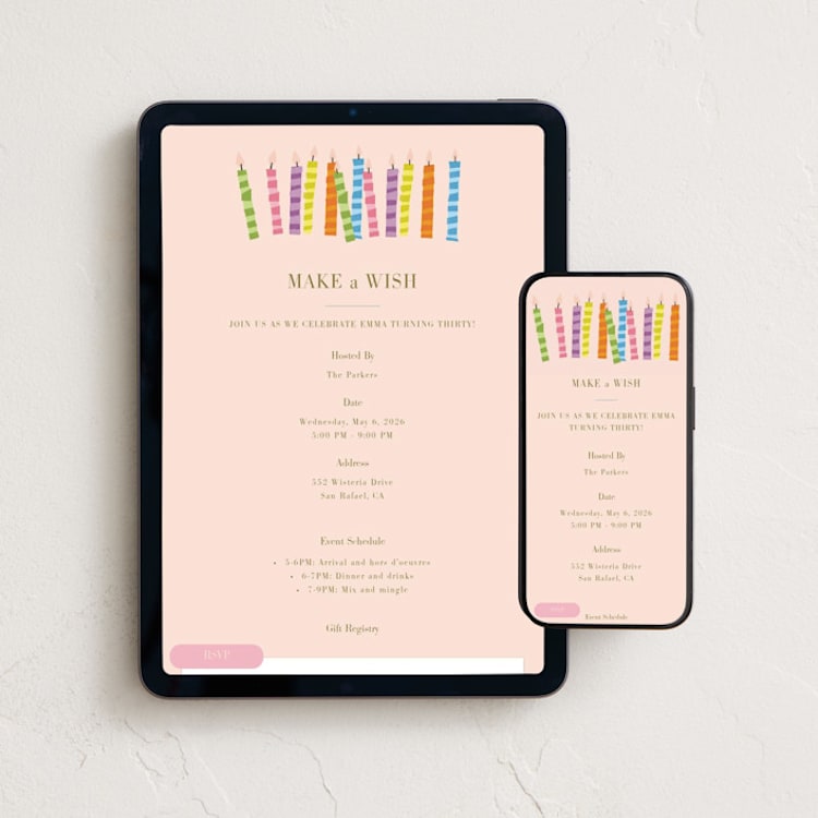 "Make a Wish" - Online Birthday Invitations in Bubblegum by Elizabeth Bishop - Mobile + desktop layout