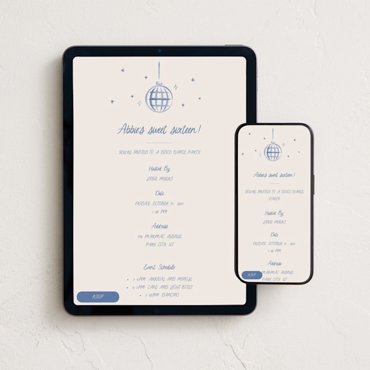 "Disco Sparkle" - Online Birthday Invitations in Periwinkle by Robert and Stella - Mobile + desktop layout