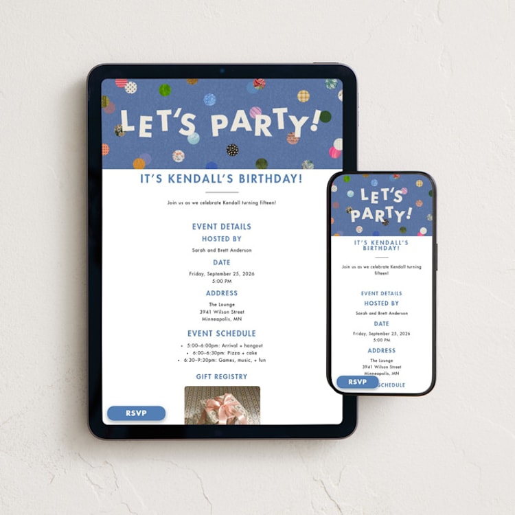 "Confetti Collage" - Online Birthday Invitations in Denim by Kercia Jane - Mobile + desktop layout