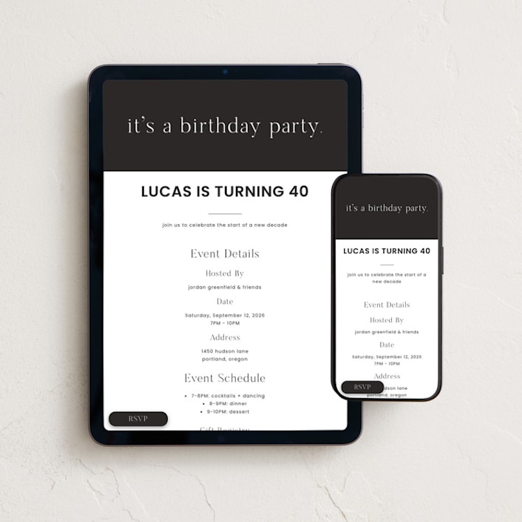 "Modern Minimal" - Online Birthday Invitations in Charcoal by taylorVdesign - Mobile + desktop layout