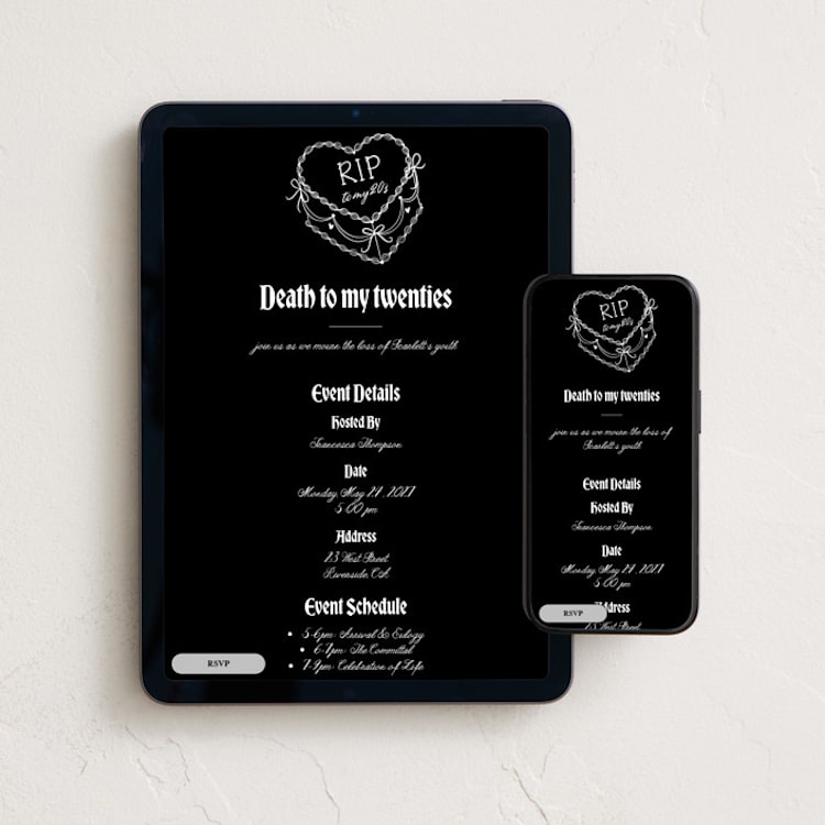 "RIP to my 20s" - Online Birthday Invitations in Noir by Kaliste Ananda - Mobile + desktop layout